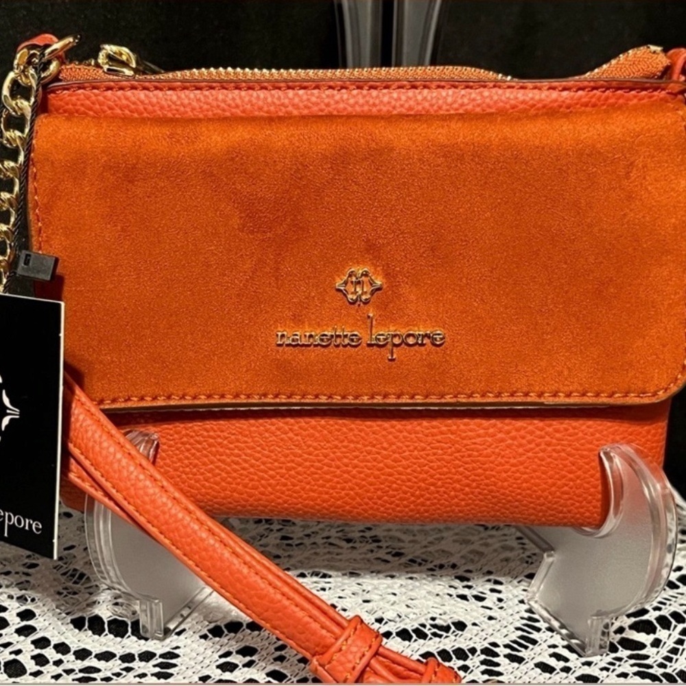 NANETTE LEPORE MSRP $39 Crossbody Bag with Suede Flap & Vegan Leather in Pumpkin - Picture 7 of 10